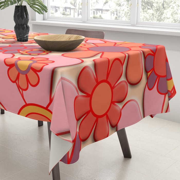 Retro Garden Flower Cuff 60s 70s Puffy Look Pink Peach Orange Pattern Tablecloth Gallery Image 3