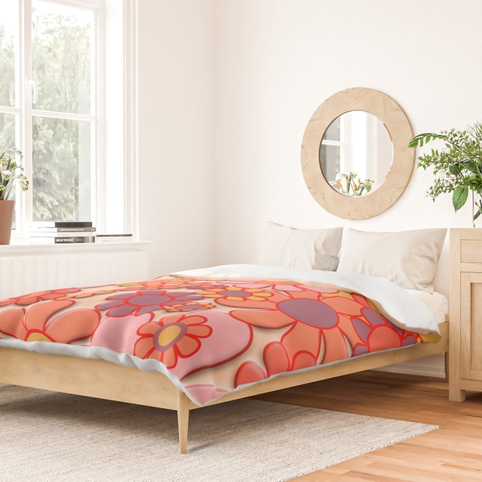 Retro Garden Flower Cuff 60s 70s Puffy Look Pink Peach Orange Pattern Duvet Cover Gallery Image 2