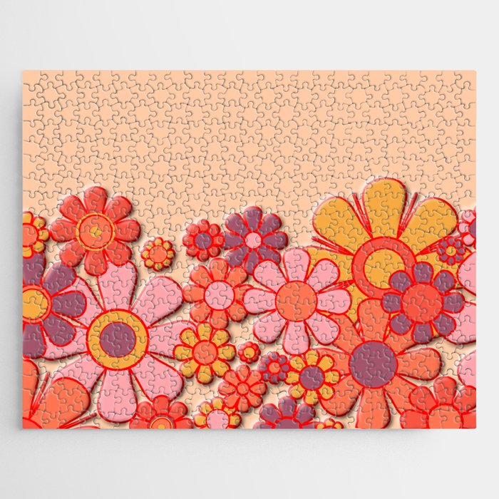 Retro Garden Flower Cuff 60s 70s Puffy Look Pink Peach Orange Pattern Jigsaw Puzzle Gallery Image 1