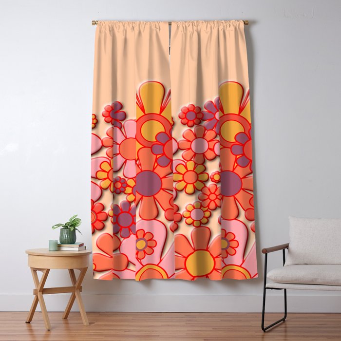 Retro Garden Flower Cuff 60s 70s Puffy Look Pink Peach Orange Pattern Window Curtain Gallery Image 1