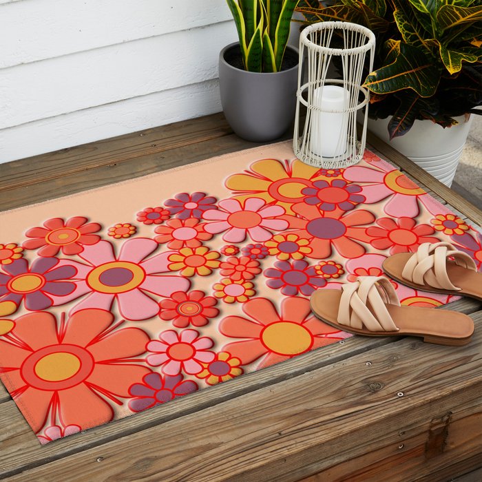 Retro Garden Flower Cuff 60s 70s Puffy Look Pink Peach Orange Pattern Outdoor Rug Gallery Image 2