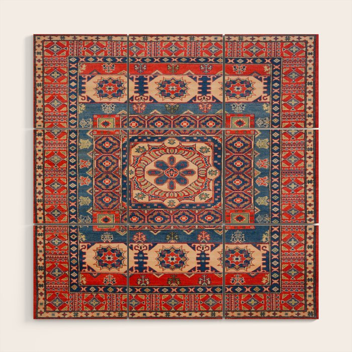 Square Bloom Kazak Handmade Rug Wood Wall Art Gallery Image 1