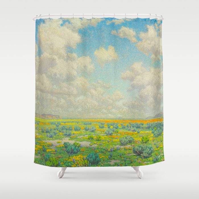 Granville Redmond Spring Antelope Valley Beautiful Landscape Painting Blue Sky Green Flower Filled F Shower Curtain Gallery Image 1