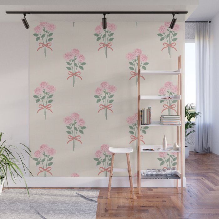 Vintage Pink Rose Bouquets with Ribbon Bows on Cream Wall Mural Gallery Image 1