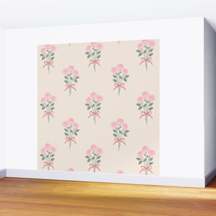 Vintage Pink Rose Bouquets with Ribbon Bows on Cream Wall Mural Gallery Image 2