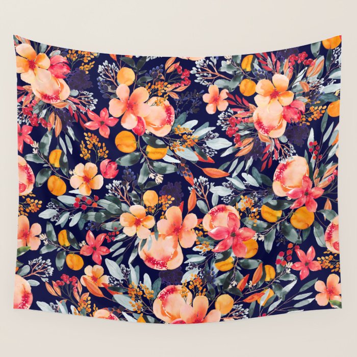 Navy Floral Wall Tapestry Gallery Image 1