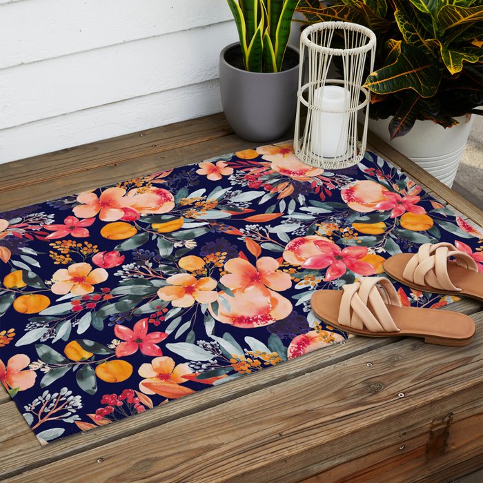 Navy Floral Outdoor Rug Gallery Image 2