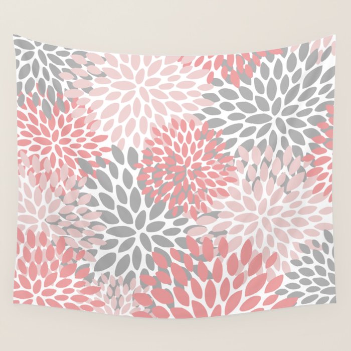 Modern, Flowers Print, Coral, Pink and Gray Wall Tapestry Gallery Image 4