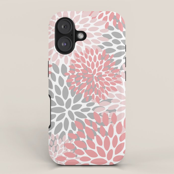 Modern, Flowers Print, Coral, Pink And Gray Iphone Case
