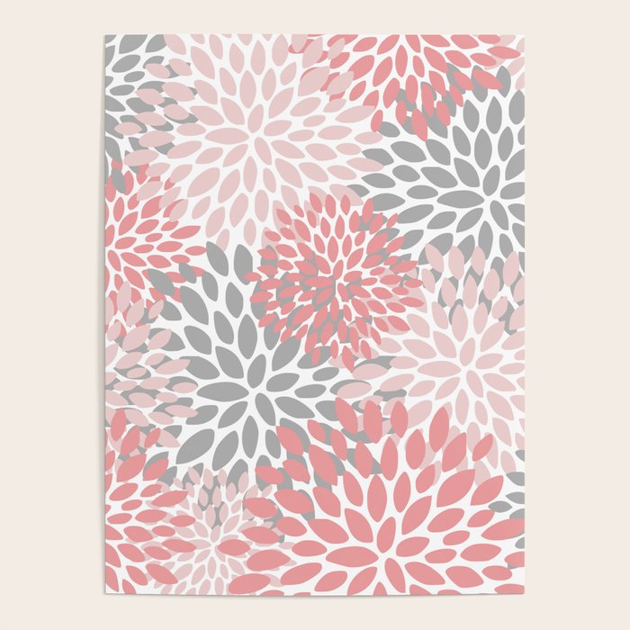 Modern, Flowers Print, Coral, Pink and Gray Poster Gallery Image 1