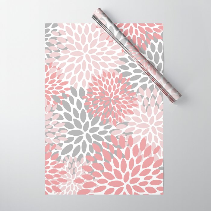 Modern, Flowers Print, Coral, Pink and Gray Wrapping Paper Gallery Image 1