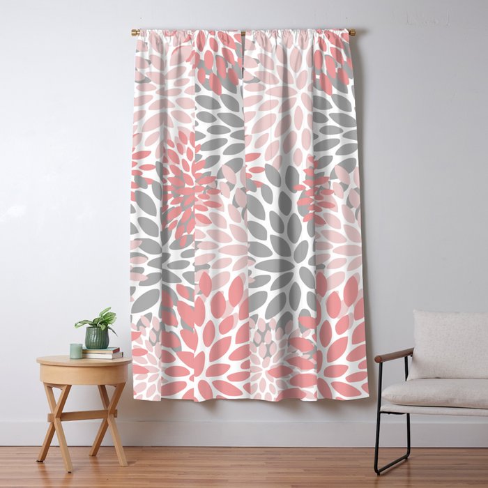 Modern, Flowers Print, Coral, Pink and Gray Window Curtain Gallery Image 5