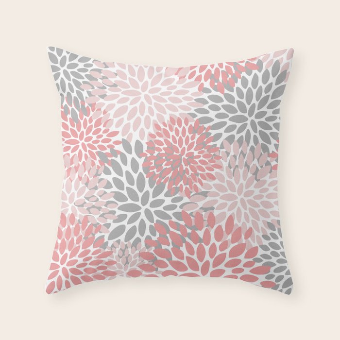 Modern, Flowers Print, Coral, Pink and Gray Throw Pillow Gallery Image 6