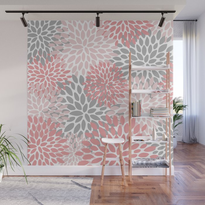 Modern, Flowers Print, Coral, Pink and Gray Wall Mural Gallery Image 1