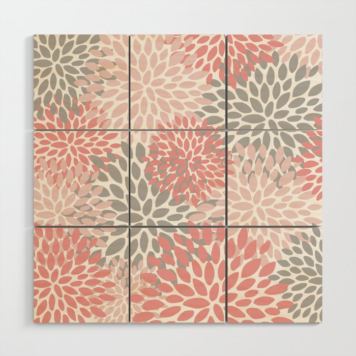 Modern, Flowers Print, Coral, Pink and Gray Wood Wall Art Gallery Image 1