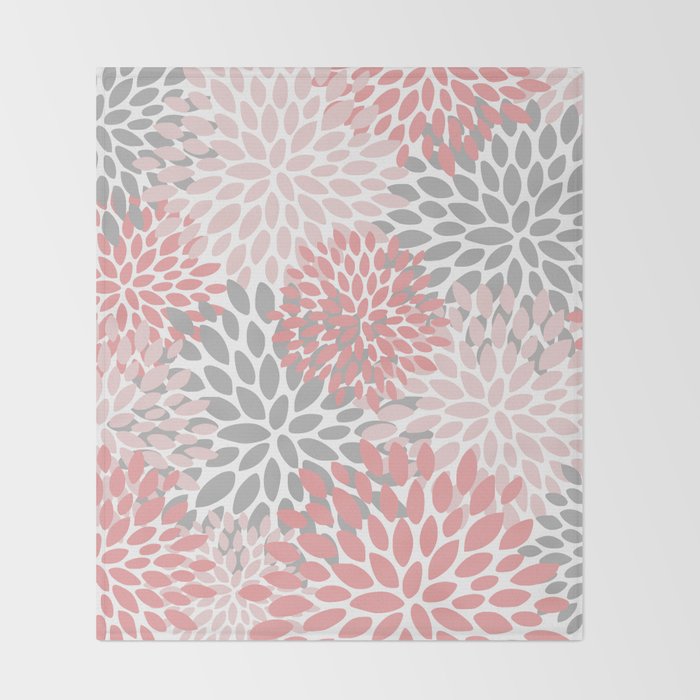 Modern, Flowers Print, Coral, Pink and Gray Throw Blanket Gallery Image 2