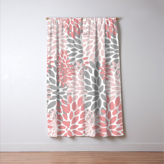 Modern, Flowers Print, Coral, Pink and Gray Window Curtain Gallery Image 3