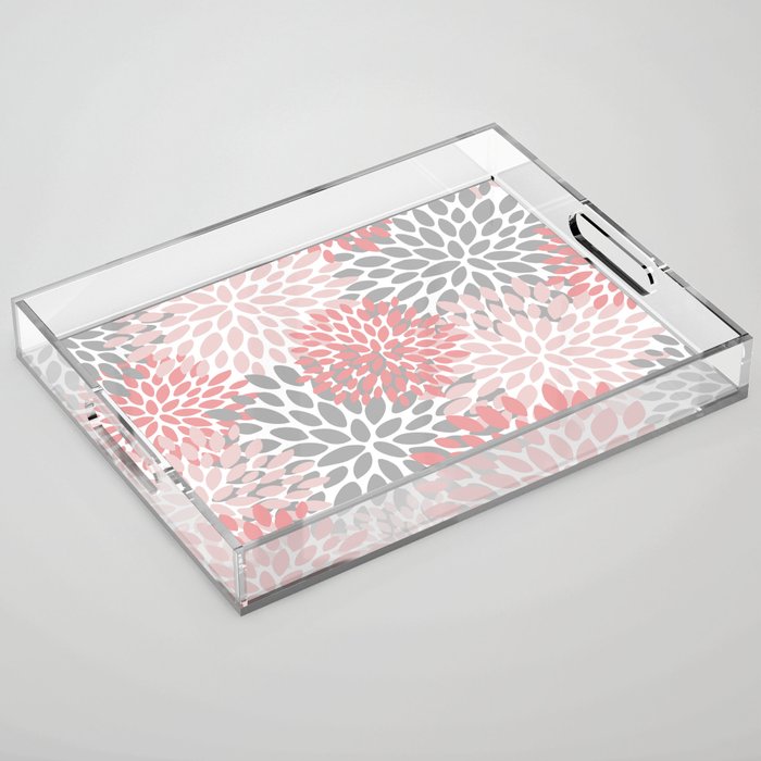 Modern, Flowers Print, Coral, Pink and Gray Acrylic Tray Gallery Image 1