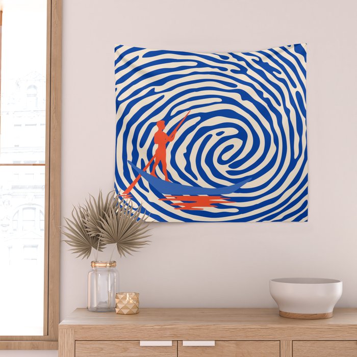 Maelstrom, Abstract Psychedelic Ocean River Whirlpool Vortex, Line Art Drawing Eclectic Boat Sail Sea Wall Tapestry Gallery Image 2