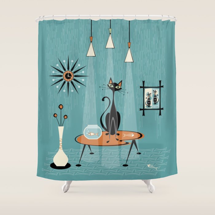 Mid Century Mishchief/ Cat Red Handed I Shower Curtain Gallery Image 1