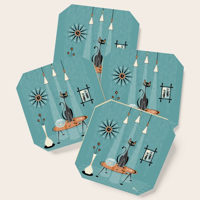 Mid Century Mishchief/ Cat Red Handed I Coaster Gallery Image 1
