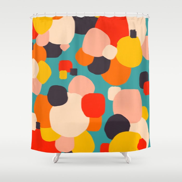 Happy Thoughts Rush In, Positivity Growth Mindset Abstract Painting, Colorful Retro Shapes Brush Strokes, Eclectic Bohemian Fun Celebration Confetti Shower Curtain Gallery Image 1