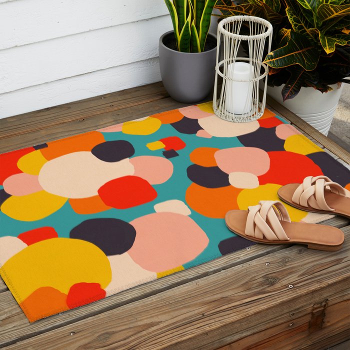 Happy Thoughts Rush In, Positivity Growth Mindset Abstract Painting, Colorful Retro Shapes Brush Strokes, Eclectic Bohemian Fun Celebration Confetti Outdoor Rug Gallery Image 2