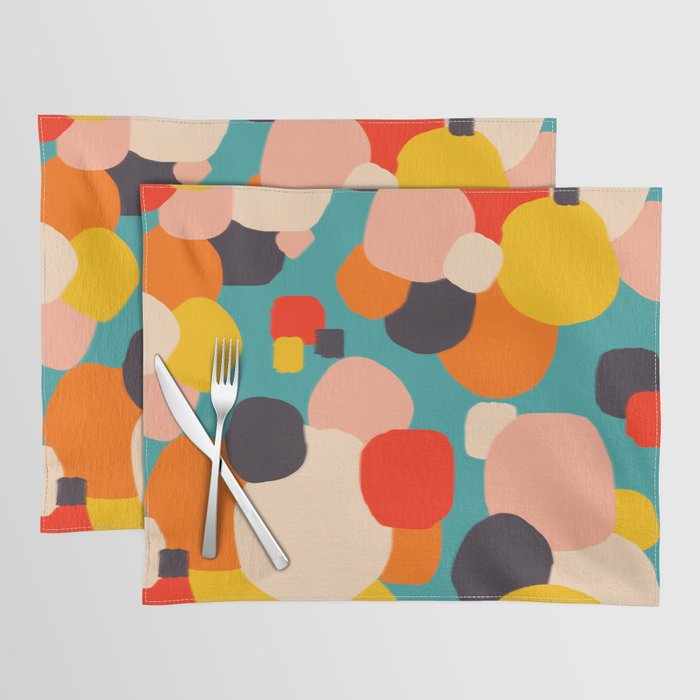 Happy Thoughts Rush In, Positivity Growth Mindset Abstract Painting, Colorful Retro Shapes Brush Strokes, Eclectic Bohemian Fun Celebration Confetti Placemat Gallery Image 1