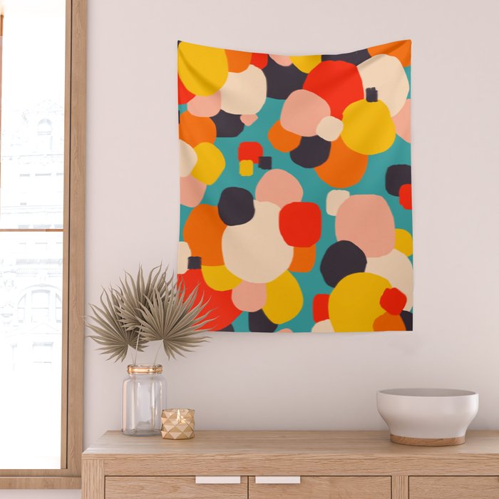 Happy Thoughts Rush In, Positivity Growth Mindset Abstract Painting, Colorful Retro Shapes Brush Strokes, Eclectic Bohemian Fun Celebration Confetti Wall Tapestry Gallery Image 2