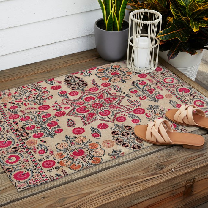 Ura Tube  Antique Tajik Suzani Embroidery Print Outdoor Rug Gallery Image 2