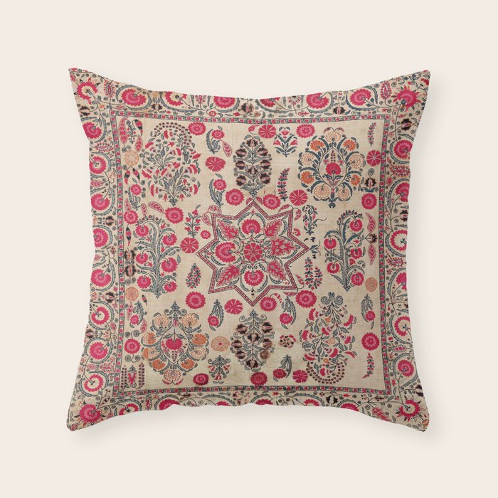 Ura Tube  Antique Tajik Suzani Embroidery Print Throw Pillow Gallery Image 1