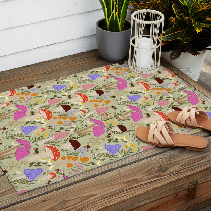 Colourful mushrooms, flowers and berries illustration  Outdoor Rug Gallery Image 2
