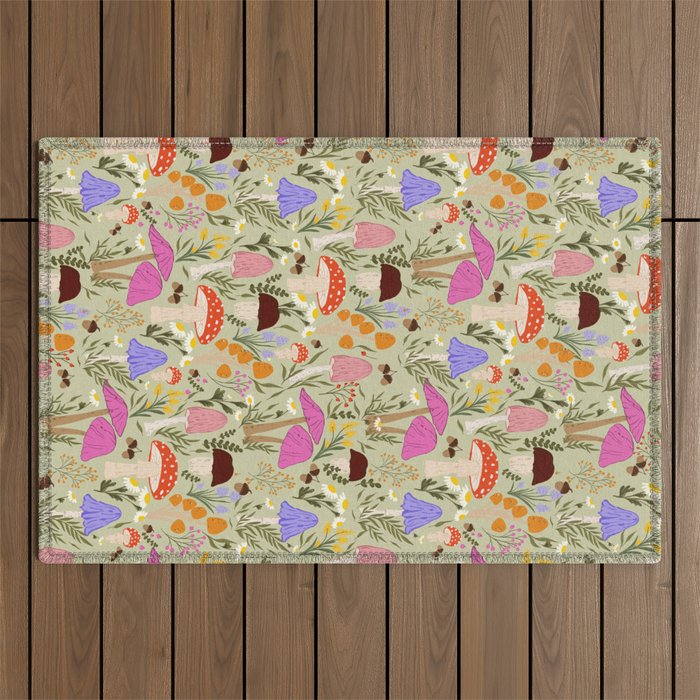 Colourful mushrooms, flowers and berries illustration  Outdoor Rug Gallery Image 1