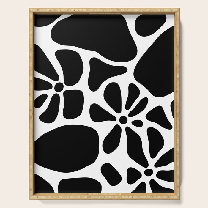 Abstract black and white flower nature art pattern Serving Tray Gallery Image 1