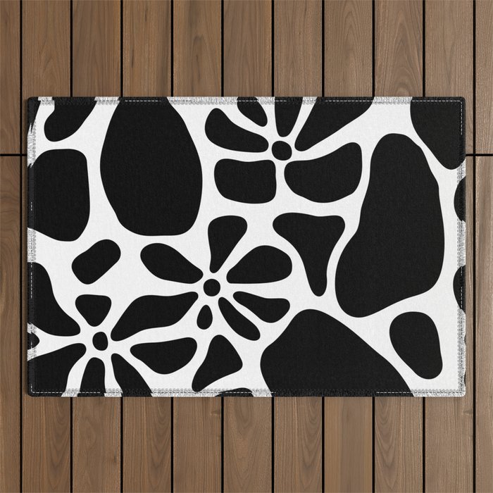 Abstract black and white flower nature art pattern Outdoor Rug Gallery Image 1
