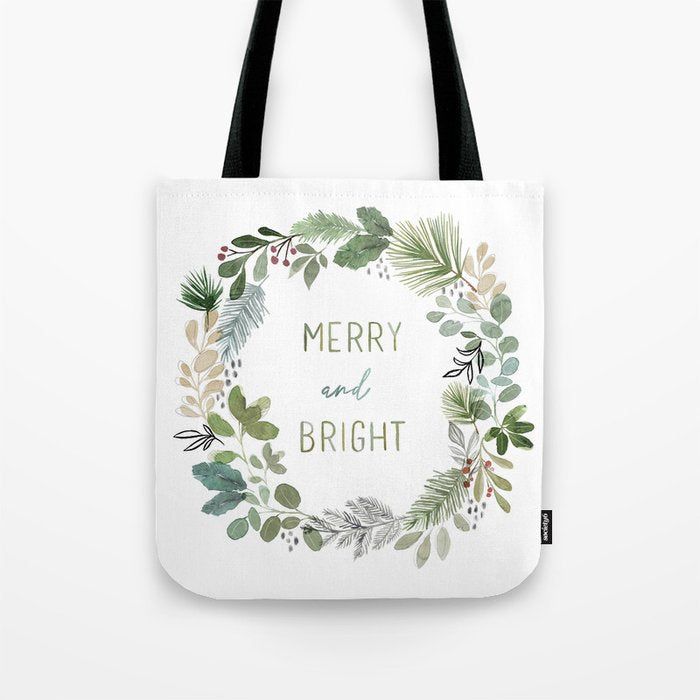 Merry & Bright Watercolor Wreath Tote Bag Gallery Image 1