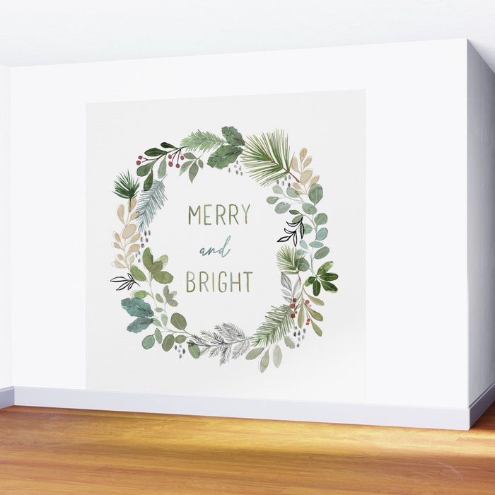 Merry & Bright Watercolor Wreath Wall Mural Gallery Image 2