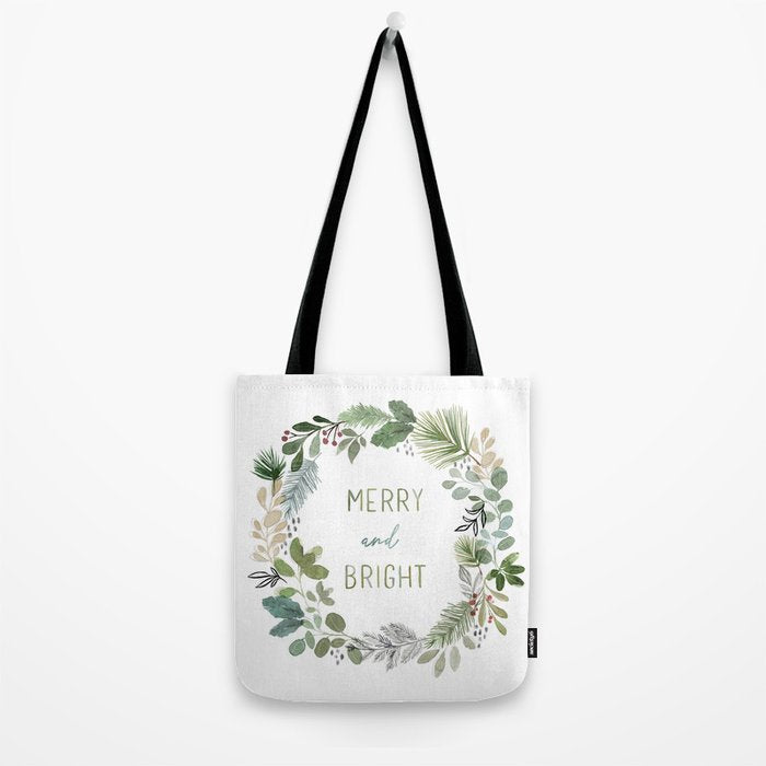 Merry & Bright Watercolor Wreath Tote Bag Gallery Image 2