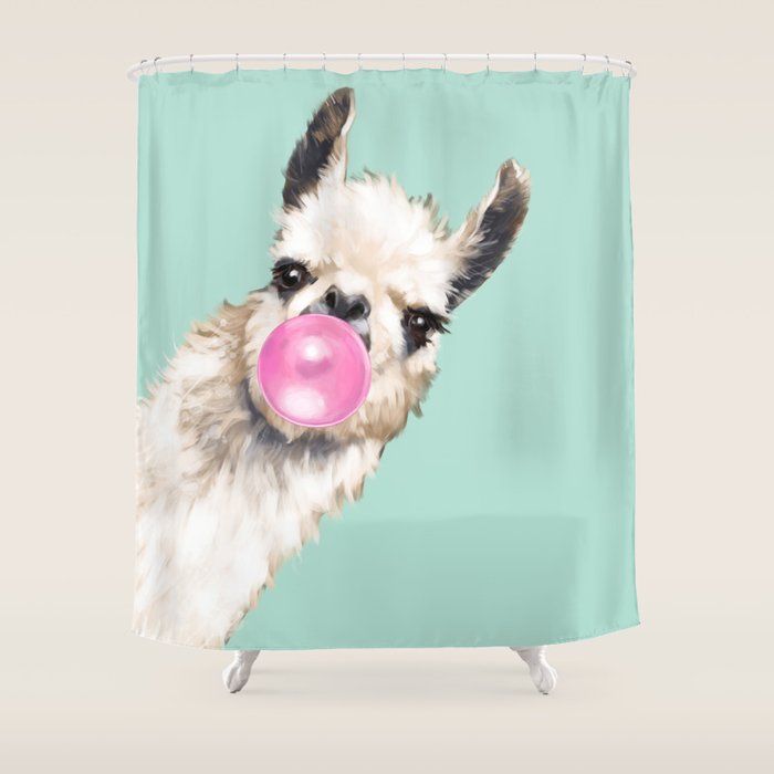 Bubblegum Sneaky Llama in Green Shower Curtain Gallery Image 1