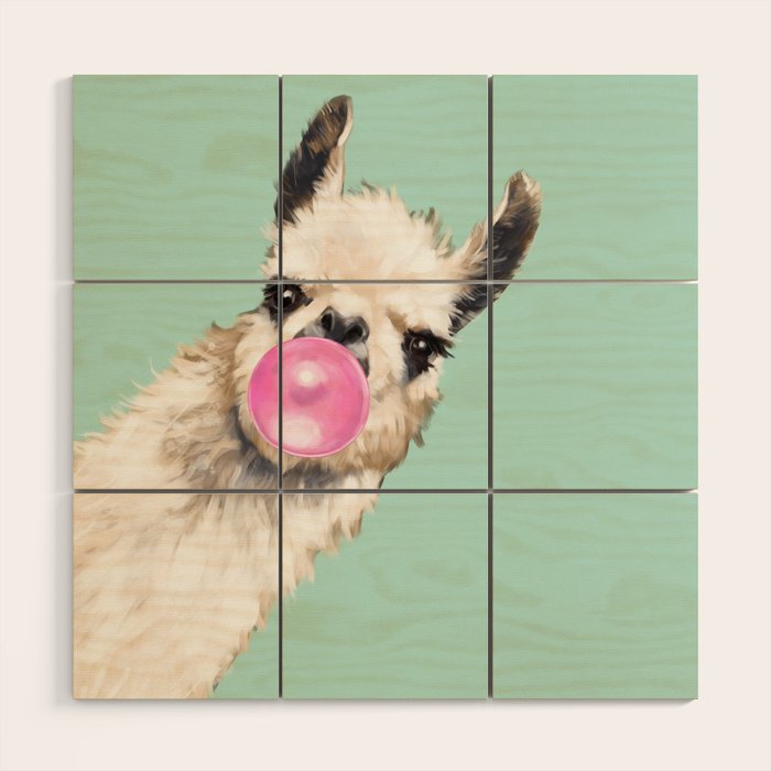 Bubblegum Sneaky Llama in Green Wood Wall Art Gallery Image 1