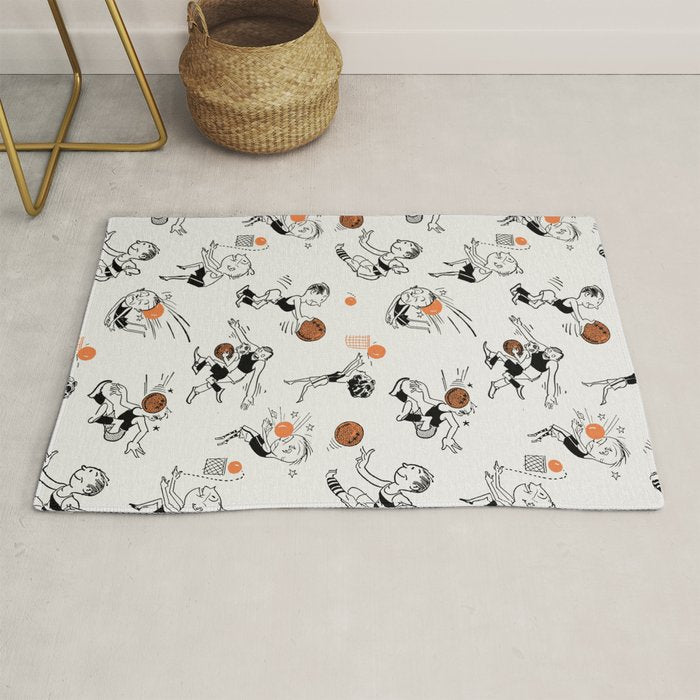 Basketball Fun Comic Illustration Pattern with Balls on Grey Background Rug Gallery Image 1