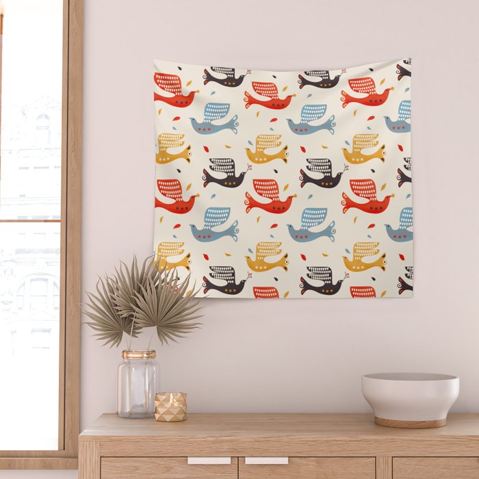 Festive Birds retro pattern Wall Tapestry Gallery Image 2