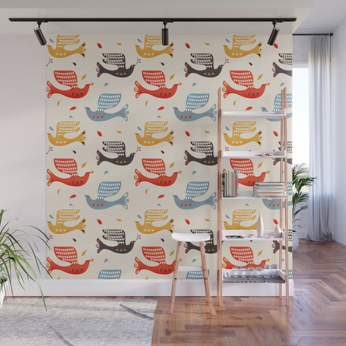 Festive Birds retro pattern Wall Mural Gallery Image 1