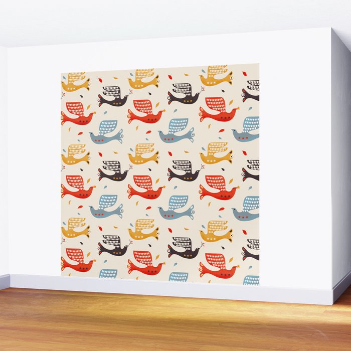 Festive Birds retro pattern Wall Mural Gallery Image 2