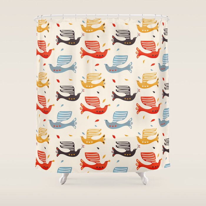 Festive Birds retro pattern Shower Curtain Gallery Image 1