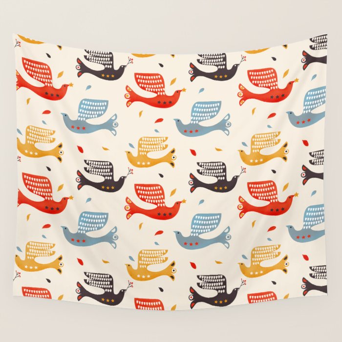 Festive Birds retro pattern Wall Tapestry Gallery Image 4
