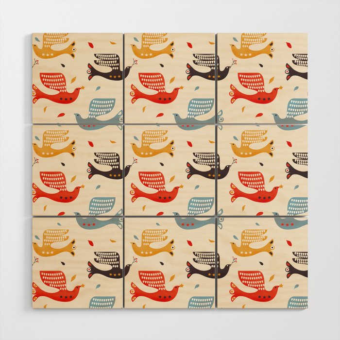 Festive Birds retro pattern Wood Wall Art Gallery Image 1