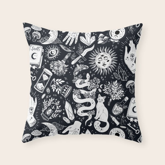 Witchy Things In Black And White Throw Pillow Gallery Image 1