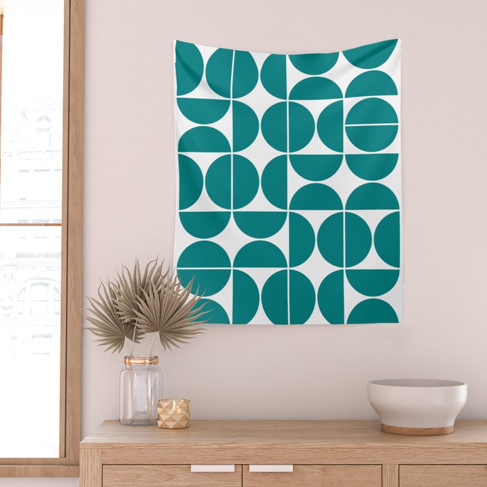 Mid Century Modern Geometric 04 Teal Wall Tapestry Gallery Image 2