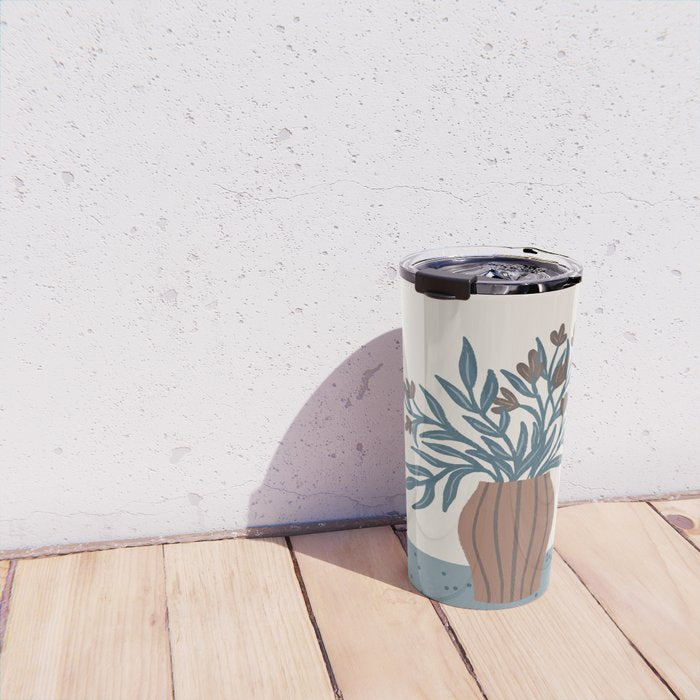 Brown Flowers in a Vase - Minimalist Floral Still Life Travel Mug Gallery Image 4